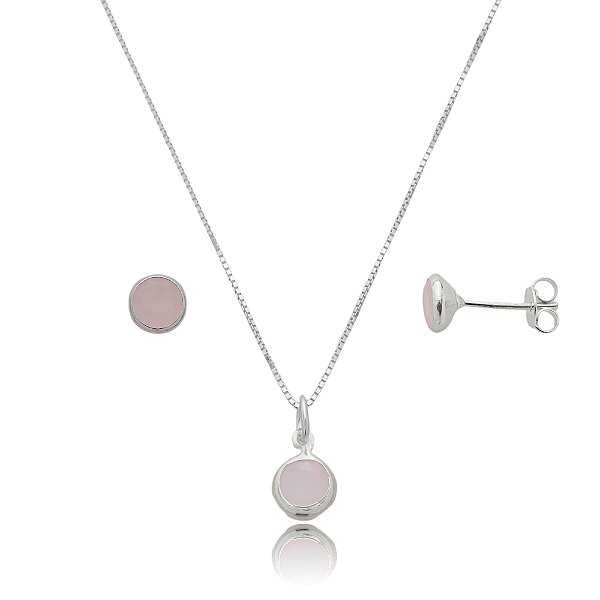Conjunto Redondo Embutido 6mm - Rosa Leitoso - Prata 925