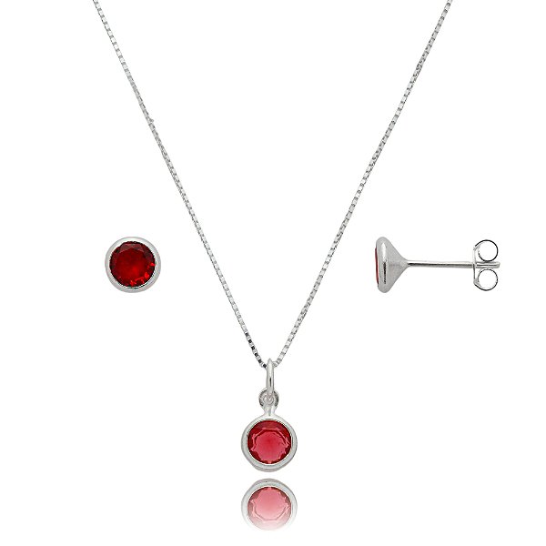 Conjunto Redondo Embutido 6mm - Vermelho- Prata 925
