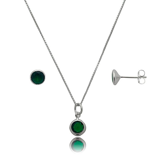 Conjunto Redondo Embutido 6mm - Verde Esmeralda - Prata 925