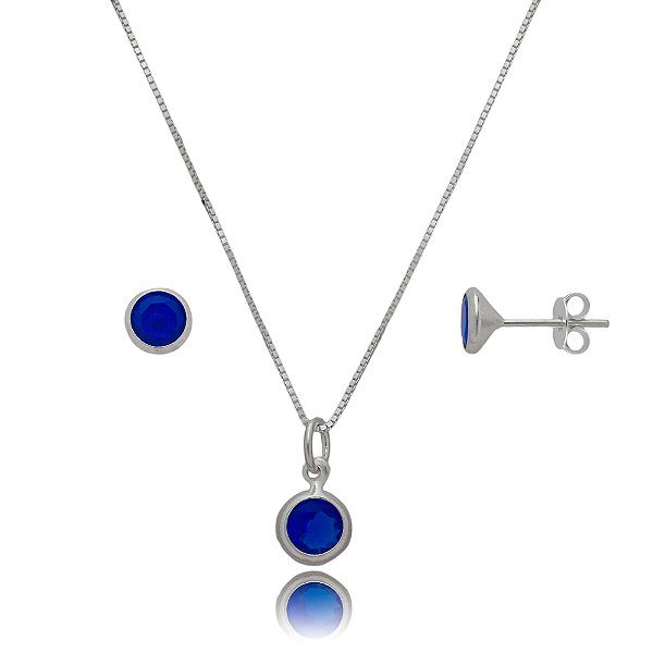 Conjunto Redondo Embutido 6mm - Azul Caneta - Prata 925