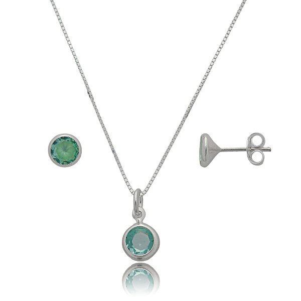 Conjunto Redondo Embutido 6mm - Verde Paraíba - Prata 925