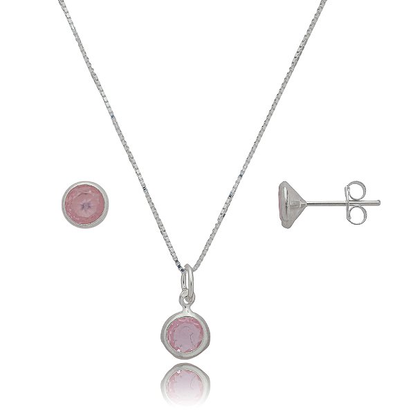 Conjunto Redondo Embutido 6mm -Rosa - Prata 925