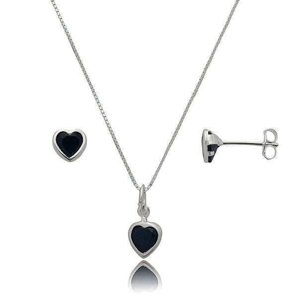 Conjunto Coração Embutido 6mm - Preto - Prata 925