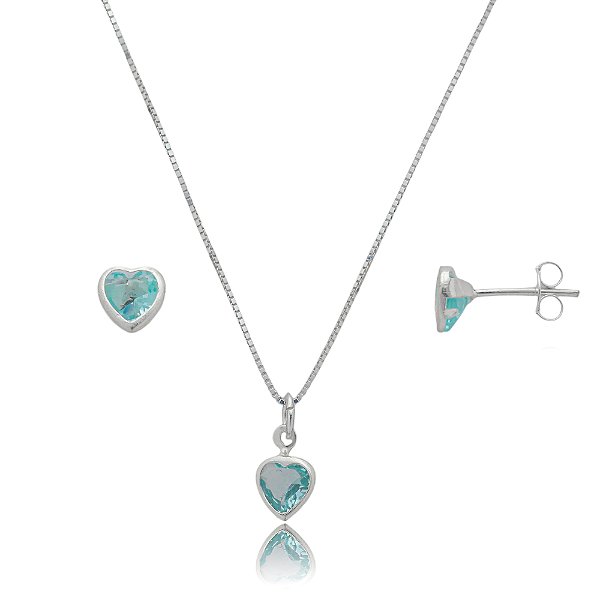 Conjunto Coração Embutido 6mm - Azul Bebê- Prata 925