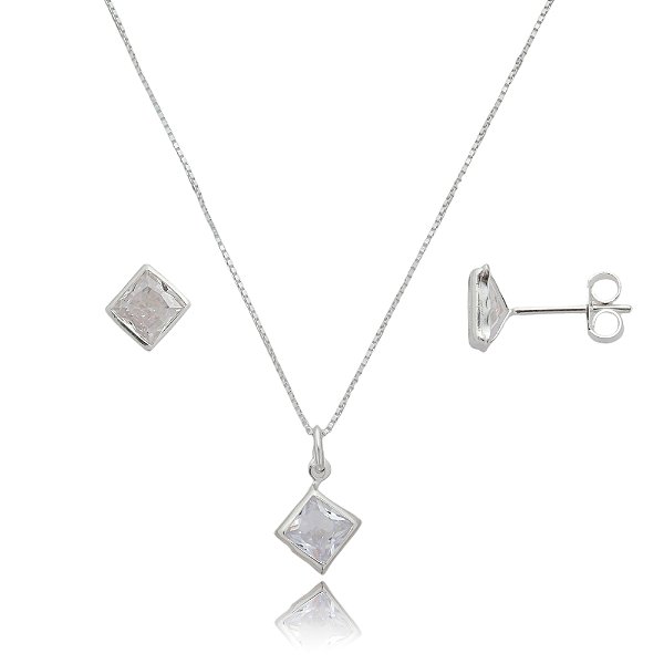Conjunto Quadrado Embutido 6mm - Cristal - Prata 925