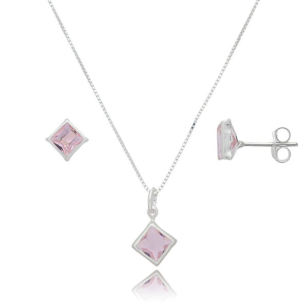 Conjunto Quadrado Embutido 6mm - Rosa - Prata 925