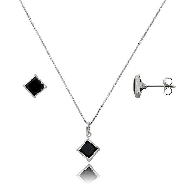 Conjunto Quadrado Embutido 6mm - Preto - Prata 925