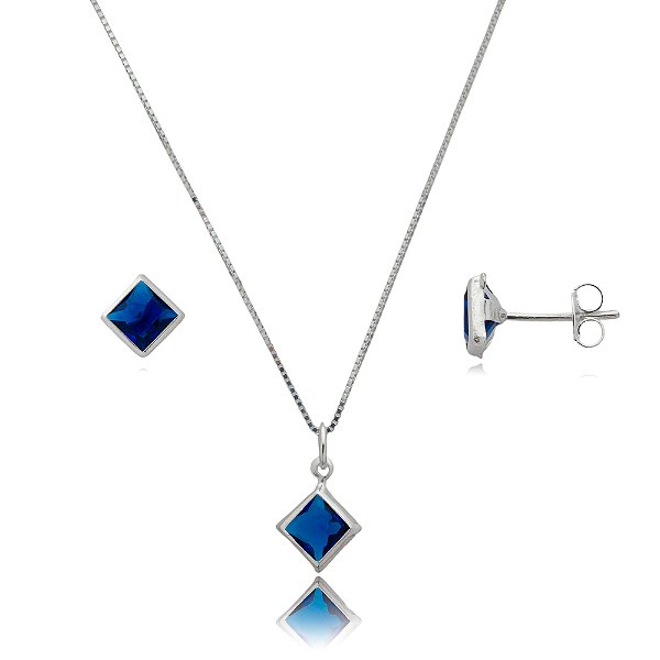 Conjunto Quadrado Embutido 6mm - Azul Royal - Prata 925