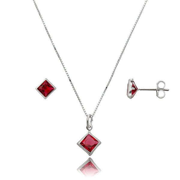 Conjunto Quadrado Embutido 6mm - Fúcsia - Prata 925