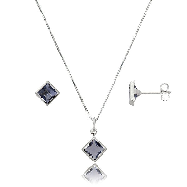 Conjunto Quadrado Embutido 6mm - Lilás - Prata 925