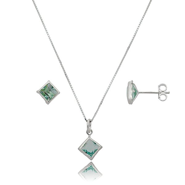 Conjunto Quadrado Embutido 6mm - Verde Paraíba - Prata 925
