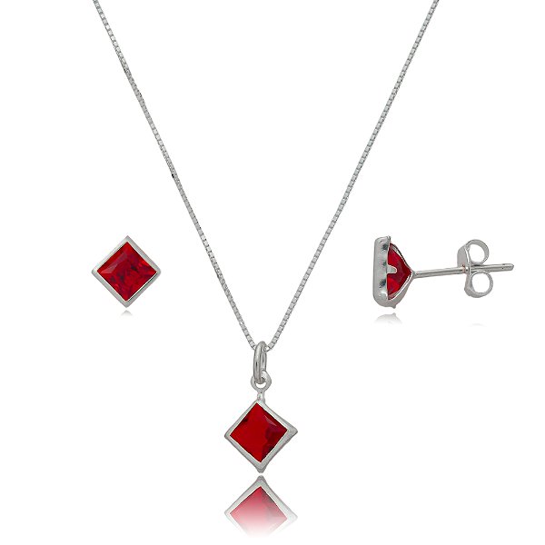Conjunto Quadrado Embutido 6mm - Vermelho - Prata 925