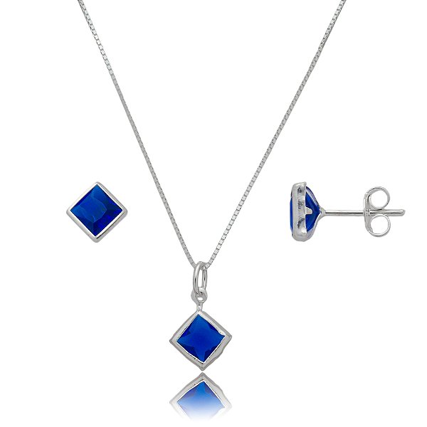 Conjunto Quadrado Embutido 6mm - Azul Caneta- Prata 925