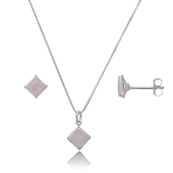 Conjunto Quadrado Embutido 6mm - Rosa Leitoso- Prata 925