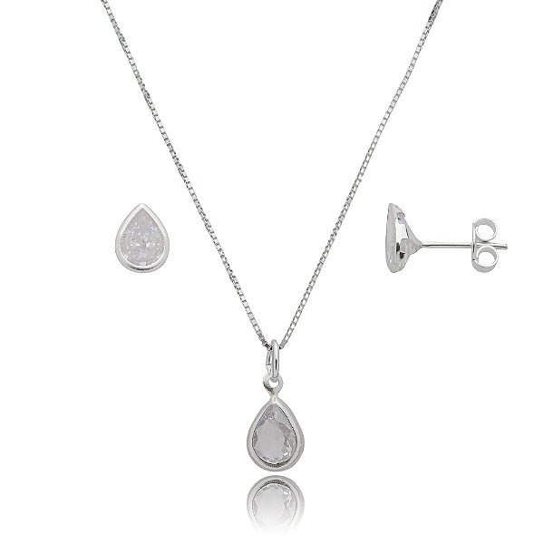 Conjunto Gota Embutido 6x8mm -Cristal- Prata 925