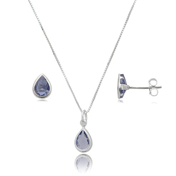 Conjunto Gota Embutido 6x8mm -Lilás- Prata 925
