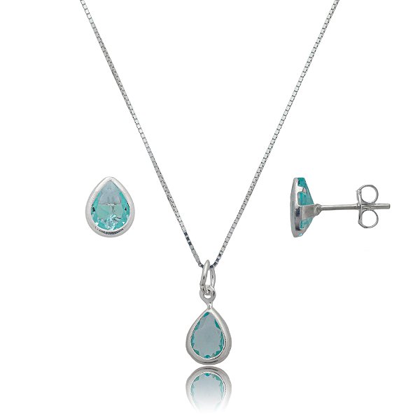 Conjunto Gota Embutido 6x8mm -Azul Bebê- Prata 925