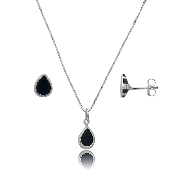 Conjunto Gota Embutido 6x8mm -Preto- Prata 925