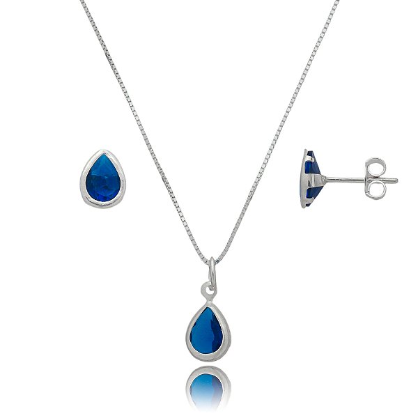 Conjunto Gota Embutido 6x8mm - Azul Royal - Prata 925