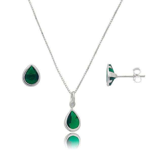 Conjunto Gota Embutido 6x8mm - Esmeralda - Prata 925