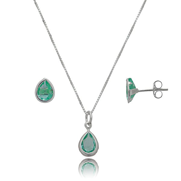 Conjunto Gota Embutido 6x8mm -Verde Paraíba- Prata 925