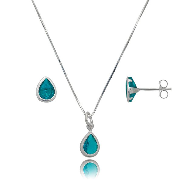 Conjunto Gota Embutido 6x8mm -Turmalina- Prata 925
