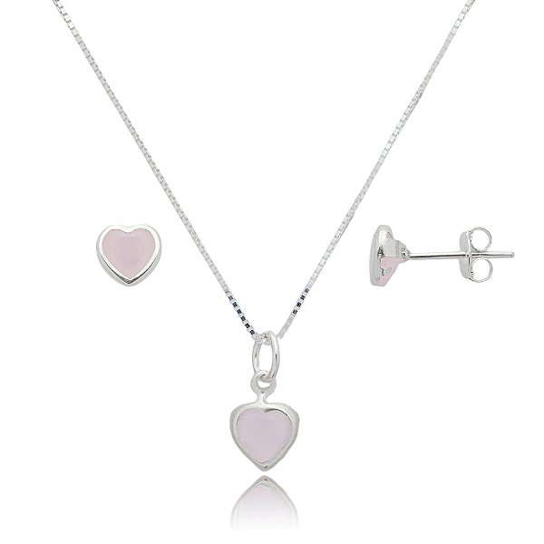 Conjunto Coração Embutido 6mm - Rosa Leitoso - Prata 925
