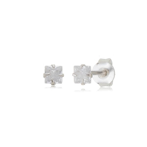 Cartela de brincos zircônia quadrado 3x3 - Cristal - Prata 925 (Contém 12 Pares)