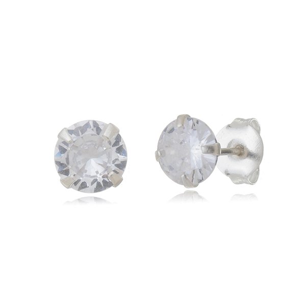 Cartela de brincos zircônia redondo 7mm - Cristal - Prata 925 (Contém 12 Pares)