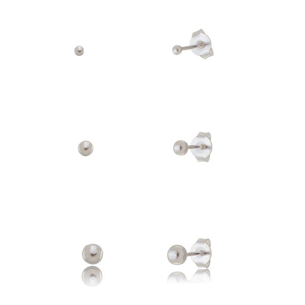 Trios de brincos bolinha 2/3/4mm - Prata 925 (Contém 5 Trios)