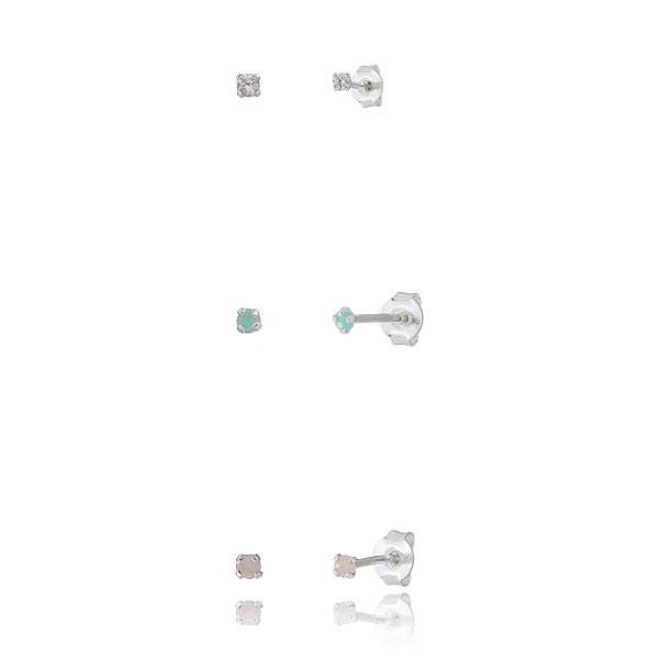 Trios de brincos zircônia 2mm - (Leitoso) Cristal/Azul/Rosa- Prata 925 (Contém 5 Trios)