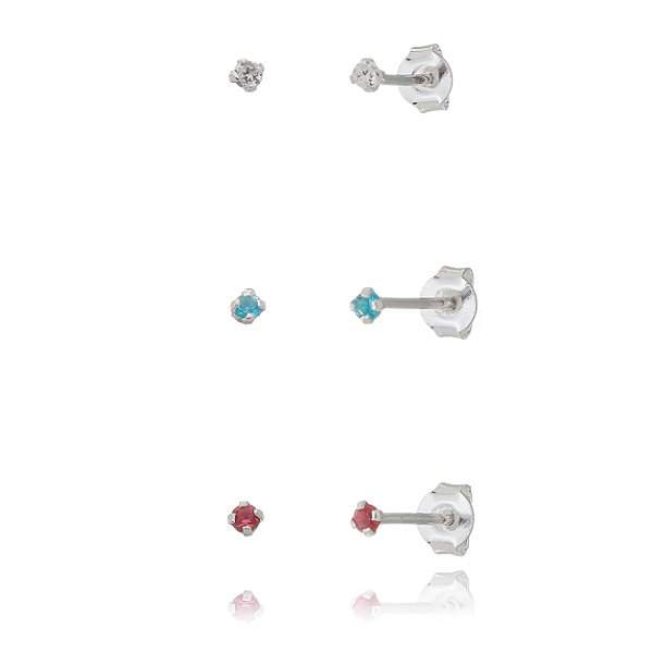 Trios de brincos zircônia 2mm - Cristal/Fúcsia/Azul Céu- Prata 925 (Contém 5 Trios)