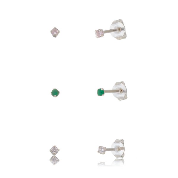 Trios de brincos zircônia 2mm - Cristal/Rosa/Verde- Prata 925 (Contém 5 Trios)