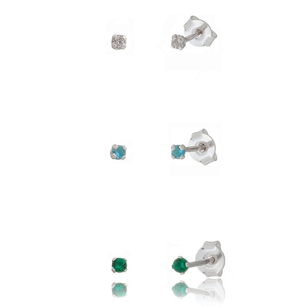 Trios de brincos zircônia 2mm - Cristal/Azul/Verde- Prata 925 (Contém 5 Trios)