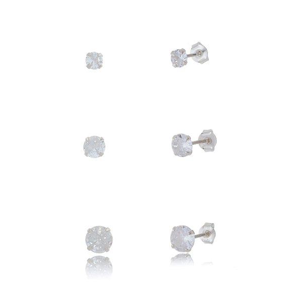 Trios de brincos zircônia Redondo - Cristal 3/4/5mm - Prata 925 (Contém 5 Trios)