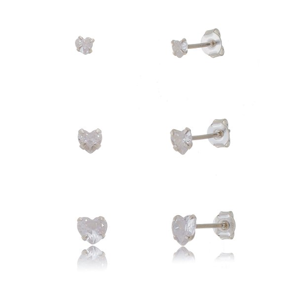 Trios de brincos zircônia Coração 3/4/5x5mm - Prata 925 (Contém 5 Trios)