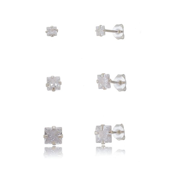 Trios de brincos zircônia Quadrado 3/4/5x5 - Prata 925 (Contém 5 Trios)