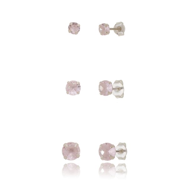 Trios de brincos zircônia 4/5/6mm - Rosa - Prata 925 (Contém 5 Trios)