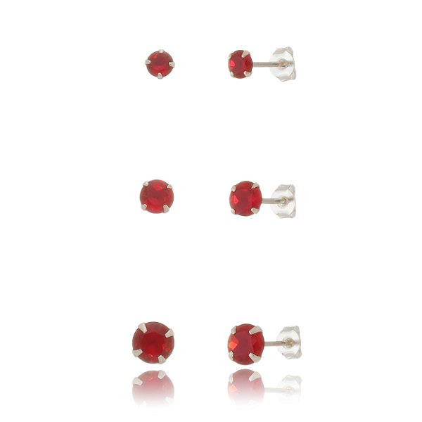 Trios de brincos zircônia 4/5/6mm - Vermelho - Prata 925 (5 trios)
