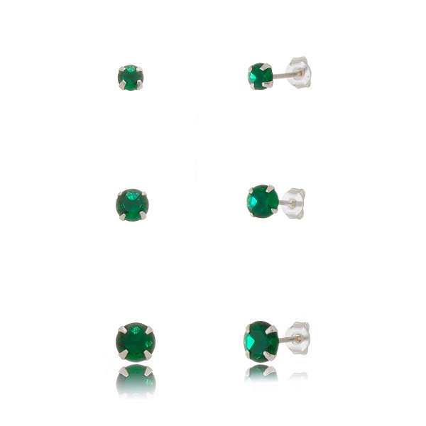 Trios de brincos zircônia 4/5/6mm - Verde Esmeralda - Prata 925 (Contém 5 Trios)