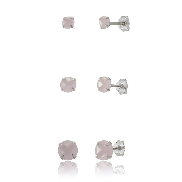 Trios de brincos zircônia 4/5/6mm - Rosa Leitoso - Prata 925 (Contém 5 Trios)