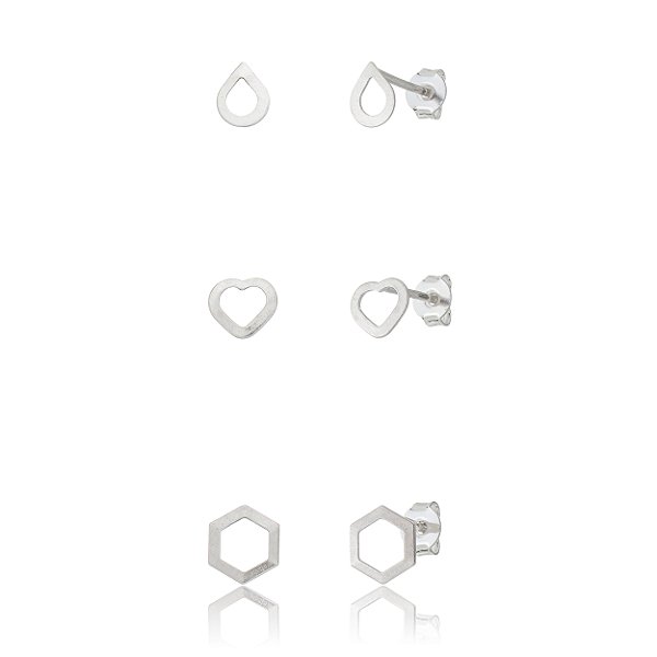 Trios de brincos Vazados - Coração, Sextavado, Gota - Prata 925 (Contém 5 Trios)