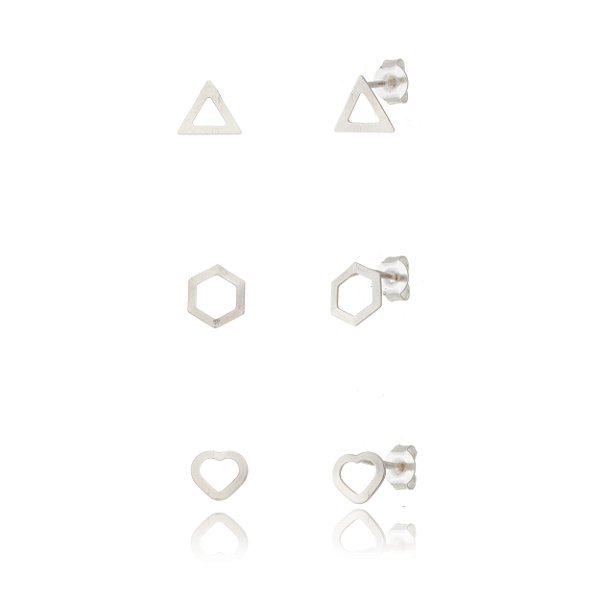 Trios de brincos Vazados - Coração, Sextavado, Triângulo - Prata 925 (Contém 5 Trios)