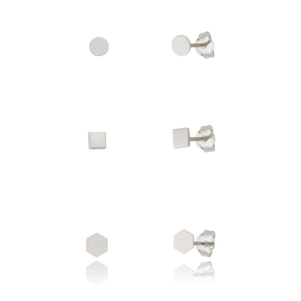 Trios de brincos estampados - Sextavado, Quadrado, Redondo - Prata 925 (Contém 5 Trios)