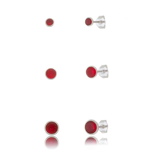 Trios de brincos zircônia Embutido 3/4/5mm - Vermelho - Prata 925 (Contém 5 Trios)