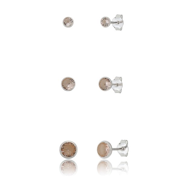 Trios de brincos zircônia Embutido 3/4/5mm - Salmão - Prata 925 (Contém 5 Trios)