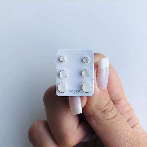 Trios de brincos zircônia Embutido 3/4/5mm - Branco Leitoso - Prata 925 (Contém 5 Trios)