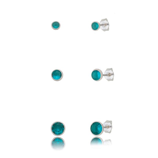 Trios de brincos zircônia Embutido 3/4/5mm - Turmalina - Prata 925 (Contém 5 Trios)