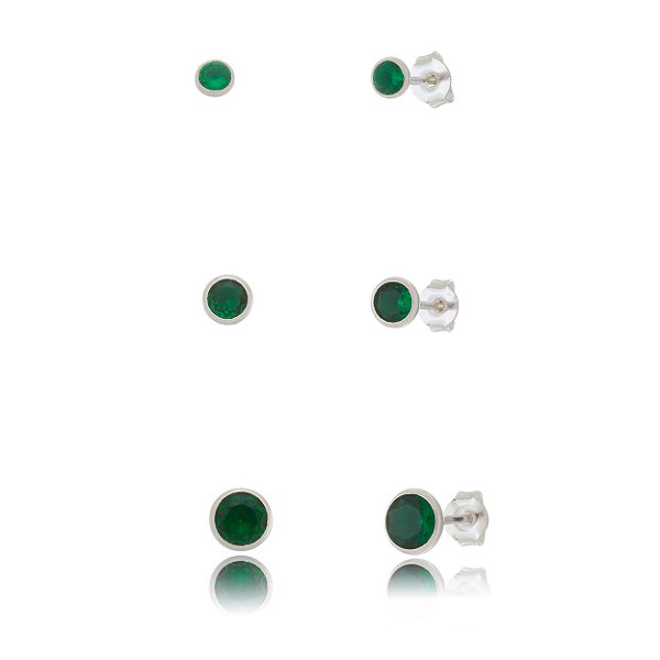 Trios de brincos zircônia Embutido 3/4/5mm - Verde Esmeralda - Prata 925 (Contém 5 Trios)