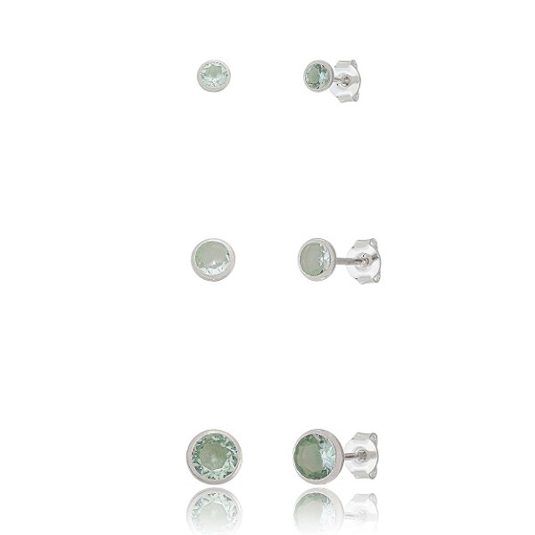 Trios de brincos zircônia Embutido 3/4/5mm - Verde Paraíba - Prata 925 (Contém 5 Trios)
